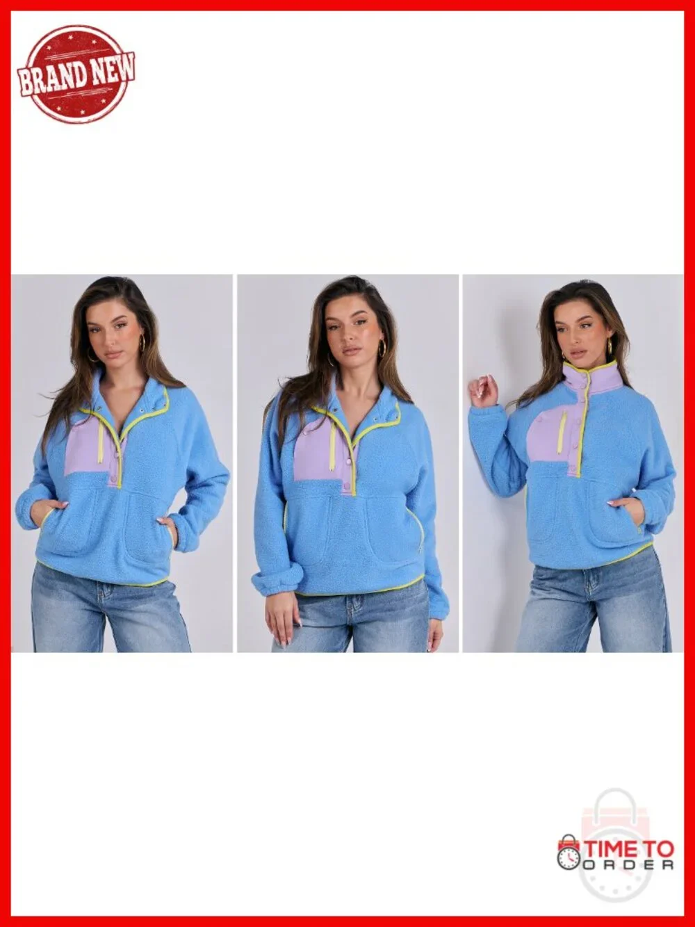 Fuzzy Fleece Pullover Sherpa Jacket - Color Block, Button Down, Long Sleeve,
